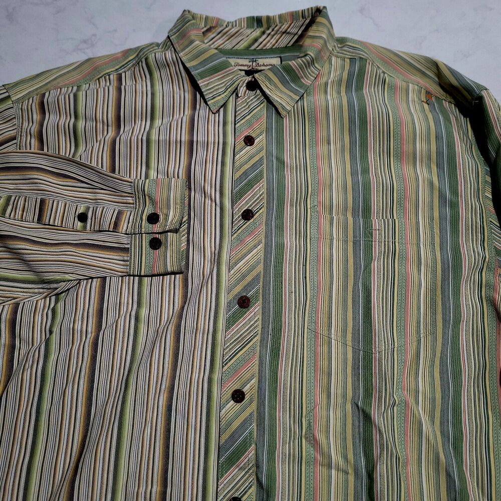 Tommy Bahama Relax 100% Silk Green Striped Button Up Long Sleeve XL EUC